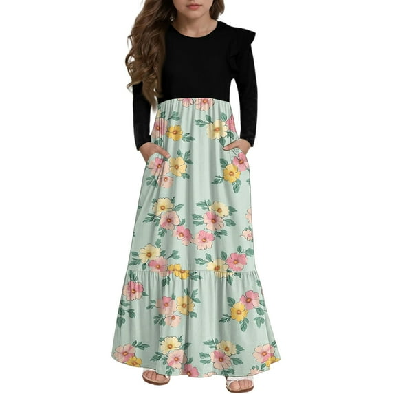 Abcomgle Girls Beach Dress Casual Patchwork Ruffle Long Sleeve Maxi Dress Floral Print Crew Neck Sundresses Basic Tiered Dresses with Pockets,5-6 Years Light Green