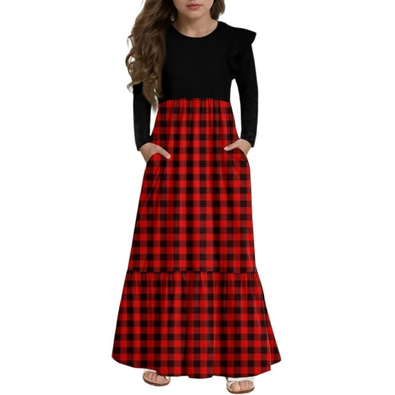 Abcomgle Girls Beach Dress Casual Patchwork Ruffle Long Sleeve Maxi Dress Plaid Crew Neck Sundresses Holiday Tiered Dresses with Pockets,7-8 Years Wine