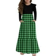 thumbnail image 1 of Abcomgle Girls Beach Dress Casual Patchwork Ruffle Long Sleeve Maxi Dress Plaid Crew Neck Sundresses Loose Tiered Dresses with Pockets,9-10 Years Green, 1 of 3