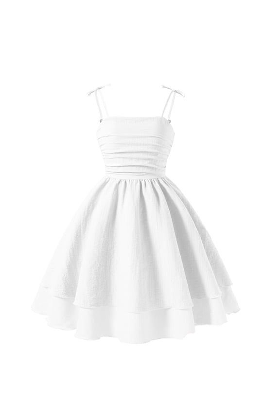 Girls Beach Dress Casual Tie Shoulder Adjustable Spaghetti Strap Midi Dresses Ruched Smocked Back Tiered Girls Sundresses Cute a Line Swing Summer Boho Girls Dress 12-14 Years,White