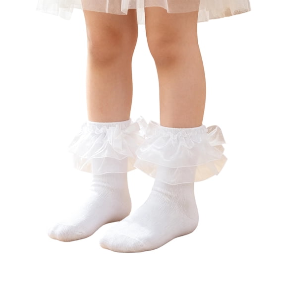 Abcomgle Girls Big Ruffle Socks Soft Cute Classic Toddler | Colorful Double Lace Frilly Cotton Dress Sock for Kids Daily School Party Birthday Breathable Lightweight Comfy Gift White