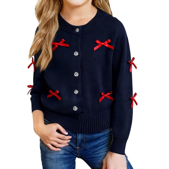 Abcomgle Girls Bow Cardigan Sweater Button Down Crewneck Girls Cardigan Cute Knit Long Sleeve Sweater Girls,12-13Years,Navy