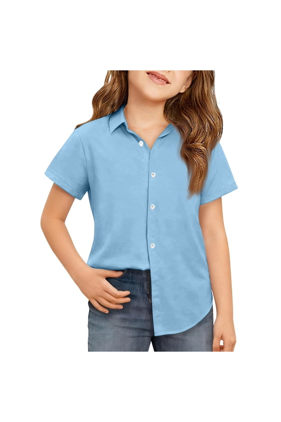 Girls Button Down Shirts 10-12 Long Sleeve Collared Girls Dress Shirts Summer School Uniform Blouse,Sky Blue,9-10Years