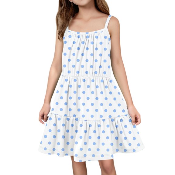 Abcomgle Girls Cami Dresses 10-12 Casual Spaghetti Strap Sleeveless Girls Midi Dresses Polka Dot A-Line Sundresses Tiered Dresses for 6-14 Years,Light Blue