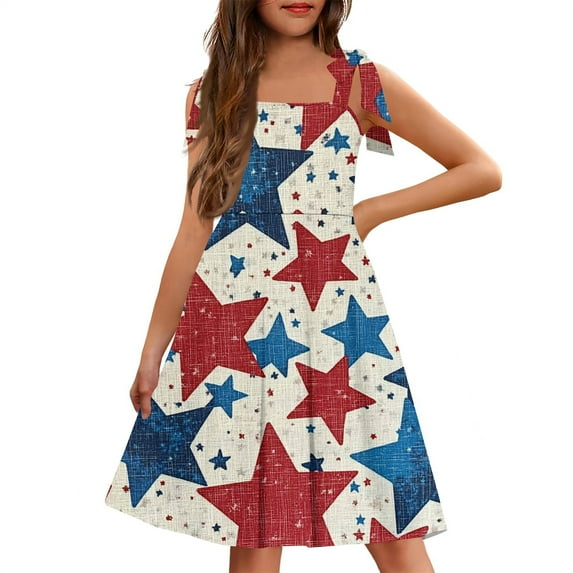 Abcomgle Girls Casual Dresses 7-16 Tie Shoulder Sleeveless Girls Cami Dresses American Flag Stars Square Neck Sundresses Swing Basic Dresses with Pockets 10-11 Years ,Khaki