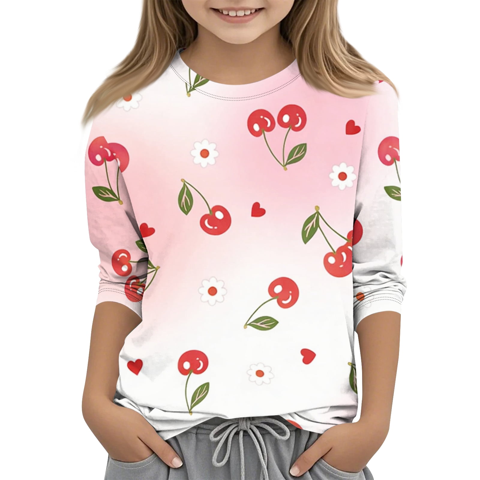 Abcomgle Girls Casual Tshirts Crewneck Daisy Flower Cherry Print Girls ...