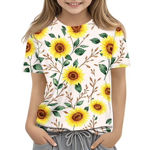 Abcomgle Girls Casual Tshirts Crewneck Vintage Sunflower Print Tshirt Short Sleeve Girls Shirts Summer Gradient Cotton Tops