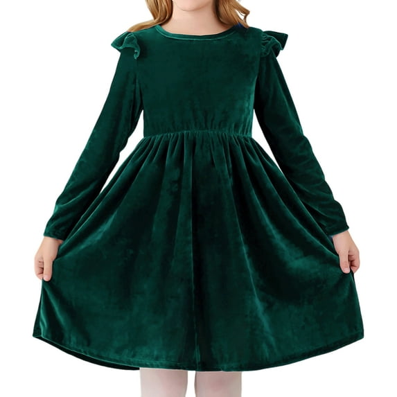 Abcomgle Girls Christmas Dress 7-8 Velvet A-Line Ruffle Sleeve Midi Dresses for Girls Cute Crewneck Fall Formal Dresses for Girls,9-10Years,Green
