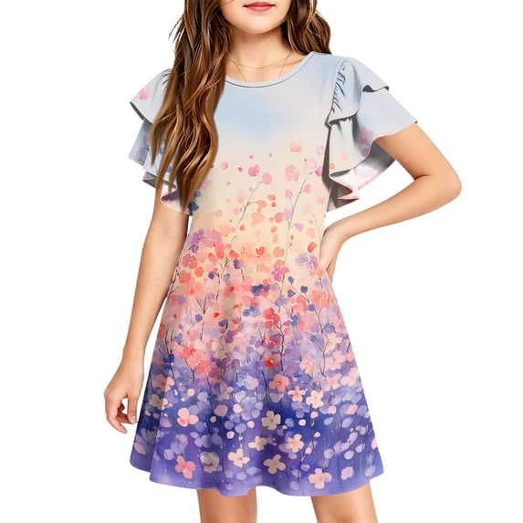 Abcomgle Girls Dresses Casual A-Line Double Layer Ruffle Sleeve Midi Dress Floral Print Holiday Crew Neck Swing Sundresses for 4-14t Kids