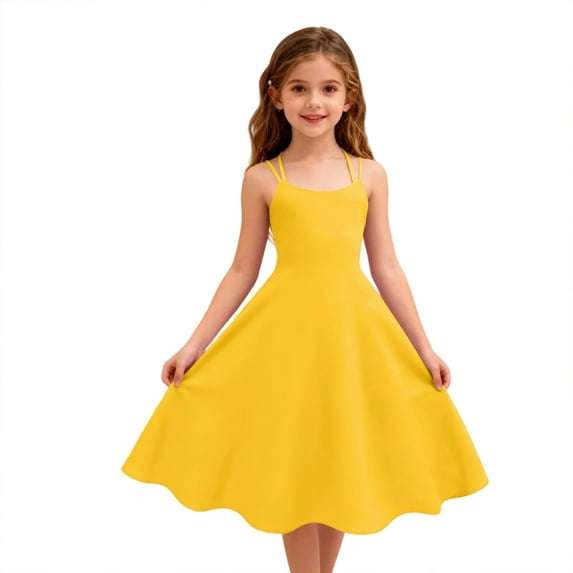 Abcomgle Girls Dresses Casual A-Line Sleeveless Midi Dress Spaghetti Strap Loose Solid Swing Sundresses for 4-14t Kids,Yellow,5-6Years