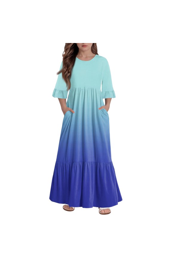 Girls Dresses Size 10-12 Casual A-Line 3/4 Sleeve Girls Long Dresses Gradient Crew Neck Sundresses Tiered Beach Dresses with Pockets,4-5 Years Royal Blue