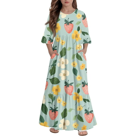 Abcomgle Girls Dresses Size 10-12 Casual A-Line 3/4 Sleeve Maxi Dress Strawberry Graphic Crew Neck Sundresses Tiered Loose Dresses with Pockets,5-6 Years Green