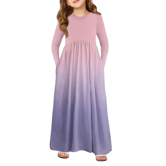 Abcomgle Girls Dresses Size 10-12 Casual A-Line Long Sleeve Girls Long Dresses Gradient Crew Neck Sundresses Basic Swing Dresses with Pockets,Pink