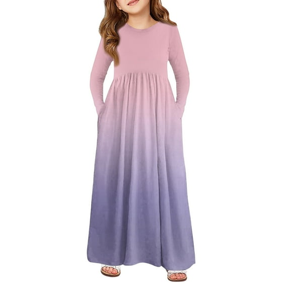 Abcomgle Girls Dresses Size 10-12 Casual A-Line Long Sleeve Girls Long Dresses Gradient Crew Neck Sundresses Flare Swing Skirt with Pockets,Pink