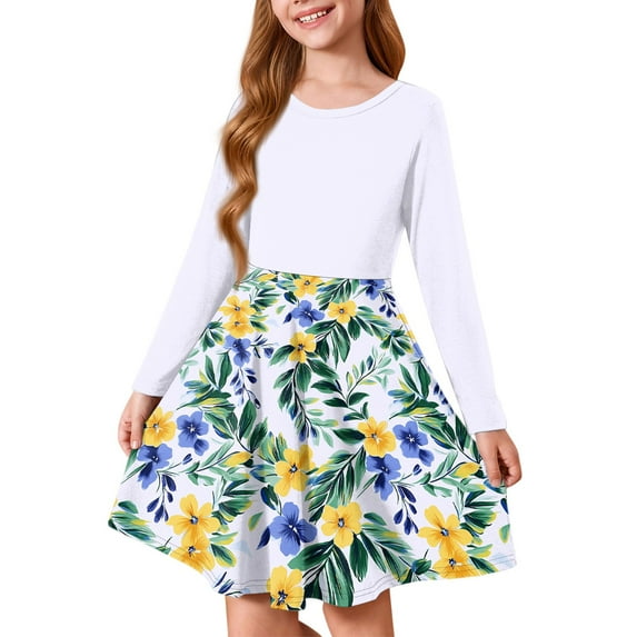 Abcomgle Girls Dresses Size 10-12 Casual A-Line Long Sleeve Girls T-Shirt Dresses Floral Print Crew Neck Girls Skater Dress Beach Swing Dresses for 4-14t Kids 7-8 Years,White