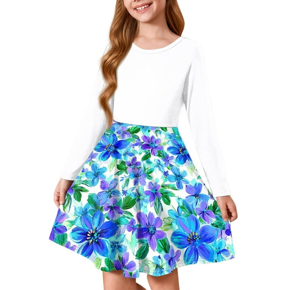 Abcomgle Girls Long Sleeve Dresses 10-12 Casual A-Line Fall Tshirt Dress Floral Print Crew Neck Girls Skater Dress Summer Swing Dresses for 4-14t Kids 4-5 Years,Sky Blue