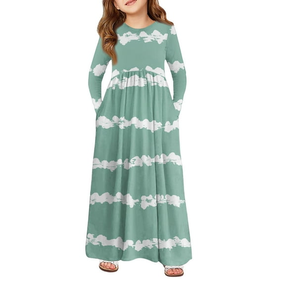 Abcomgle Girls Dresses Size 10-12 Casual A-Line Long Sleeve Maxi Dress Striped Colorblock Crew Neck Sundresses Loose Swing Dresses with Pockets,Green