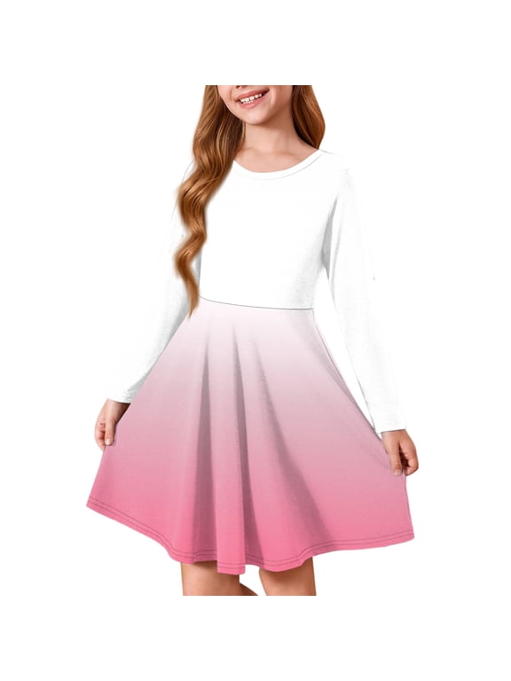 Girls Dresses Size 10-12 Casual A-Line Long Sleeve Tshirt Dress Gradient Crew Neck Girls Skater Dress Swing Dresses for 4-14t Kids 13-14 Years,Light pink