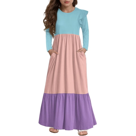 Abcomgle Girls Dresses Size 10-12 Casual A-Line Ruffle Long Sleeve Girls Long Dresses Colorblock Crew Neck Sundresses Formal Tiered Dresses with Pockets,Sky Blue