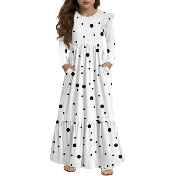 Abcomgle Girls Dresses Size 10-12 Casual A-Line Ruffle Long Sleeve Girls Long Dresses Polka Dot Crew Neck Sundresses Beach Tiered Dresses with Pockets,White