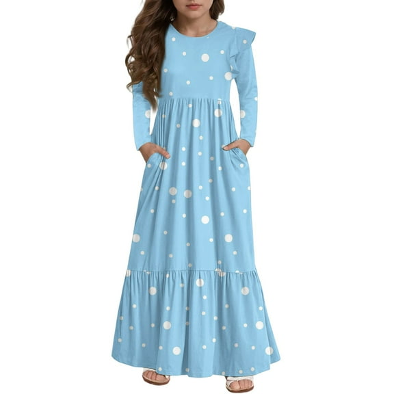 Abcomgle Girls Dresses Size 10-12 Casual A-Line Ruffle Long Sleeve Girls Long Dresses Polka Dot Crew Neck Sundresses Boho Tiered Dresses with Pockets,Light Blue