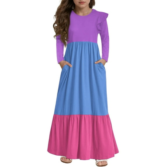 Abcomgle Girls Dresses Size 10-12 Casual A-Line Ruffle Long Sleeve Maxi Dress Colorblock Crew Neck Sundresses Beach Tiered Dresses with Pockets,Purple
