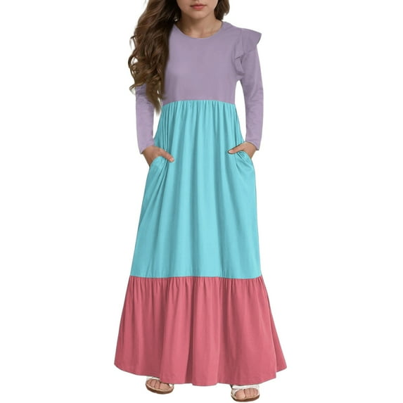 Abcomgle Girls Dresses Size 10-12 Casual A-Line Ruffle Long Sleeve Maxi Dress Colorblock Crew Neck Sundresses Flowy Tiered Dresses with Pockets,Light Purple