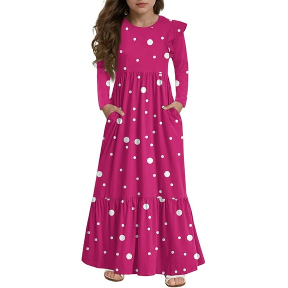 Abcomgle Girls Dresses Size 10-12 Casual A-Line Ruffle Long Sleeve Maxi Dress Polka Dot Crew Neck Sundresses Beach Tiered Dresses with Pockets,Hot Pink