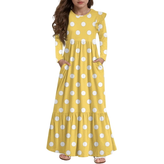 Abcomgle Girls Dresses Size 10-12 Casual A-Line Ruffle Long Sleeve Maxi Dress Polka Dot Crew Neck Sundresses Tiered Dresses with Pockets,Yellow
