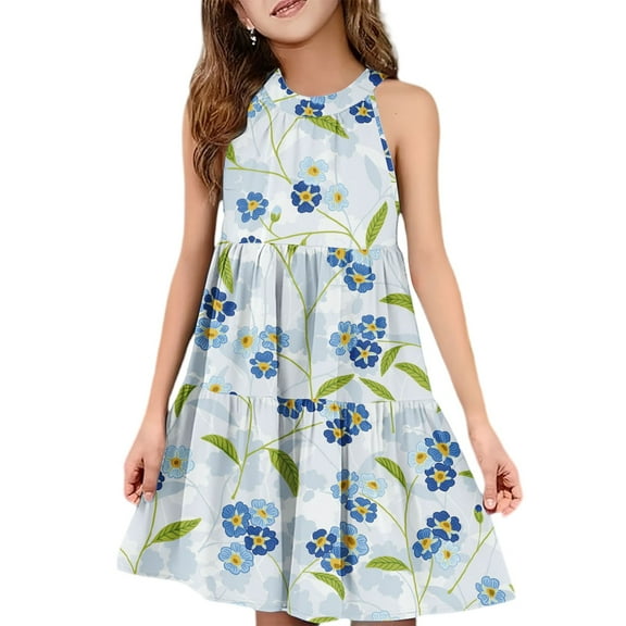 Abcomgle Girls Dresses Size 10-12 Casual Halter Neck Sleeveless Girls Dresses Floral Print A-line Sundresses Beach Swing Dresses 13-14 Years,Royal Blue