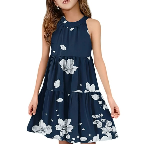 Abcomgle Girls Dresses Size 10-12 Casual Halter Neck Sleeveless Girls Dresses Floral Print A-line Sundresses Flare Swing Skirt 11-12 Years,Navy