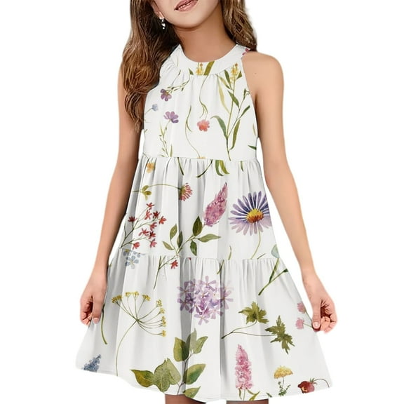 Abcomgle Girls Dresses Size 10-12 Casual Halter Neck Sleeveless Midi Dress Floral Print A-line Sundresses Swing Dresses 3-4 Years,Beige