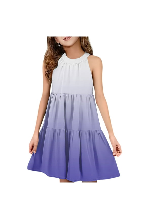 Girls Dresses Size 10-12 Casual Halter Neck Sleeveless Midi Dress Gradient A-line Sundresses Flare Swing Dresses 7-8 Years,Blue