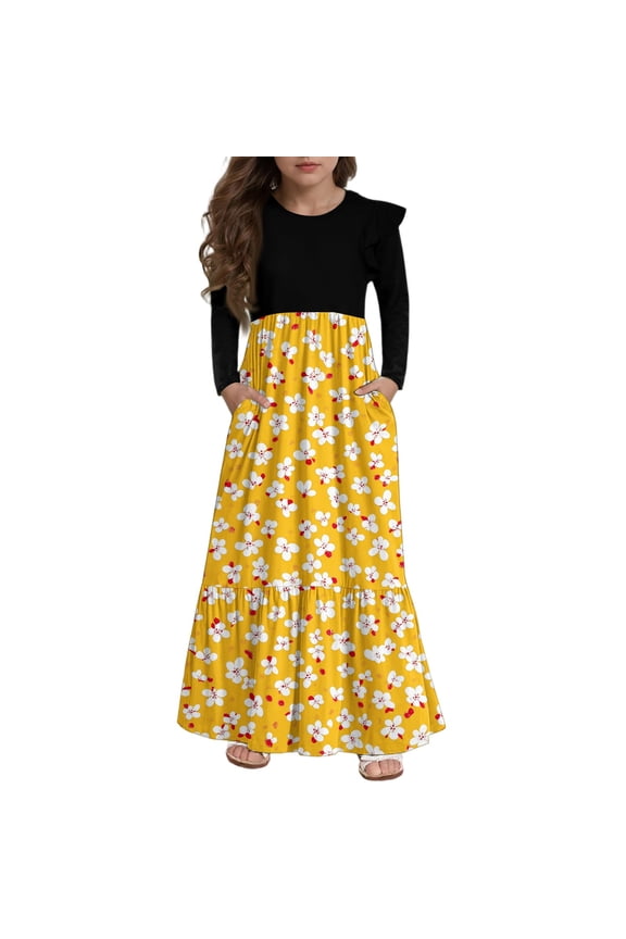 Girls Dresses Size 10-12 Casual Patchwork Ruffle Long Sleeve Girls Long Dresses Floral Print Crew Neck Sundresses Flowy Tiered Dresses with Pockets,7-8 Years Yellow