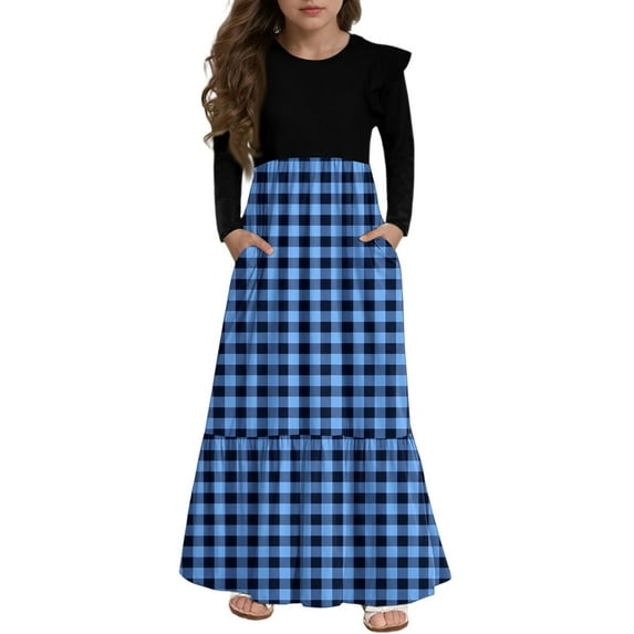 Abcomgle Girls Dresses Size 10-12 Casual Patchwork Ruffle Long Sleeve Girls Long Dresses Plaid Crew Neck Sundresses Summer Tiered Dresses with Pockets,9-10 Years Blue