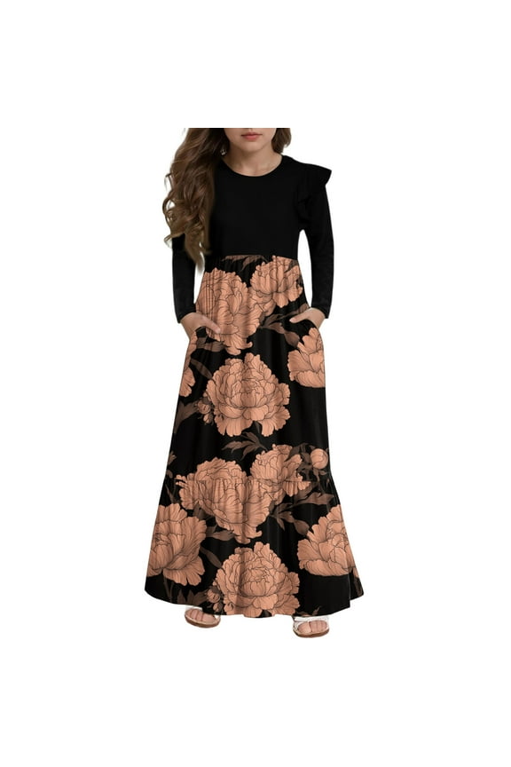 Girls Dresses Size 10-12 Casual Patchwork Ruffle Long Sleeve Maxi Dress Vintage Floral Print Crew Neck Sundresses Tiered Dresses with Pockets,13-14 Years Orange
