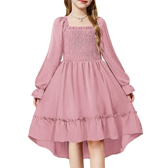 Abcomgle Girls Dresses Size 10-12 Smocked Puff Sleeve Girls Midi Dresses Cute Square Neck Sundresses Tiered Beach Dresses.9-10 Years