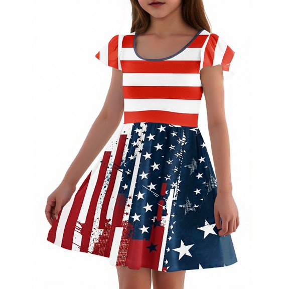 Abcomgle Girls Dresses Stars Striped Graphic 4th Of July Dresses Casual A-Line Fly Sleeve Midi Dress Cute Flare Independence Day Skirt 7-8 Years,Blue