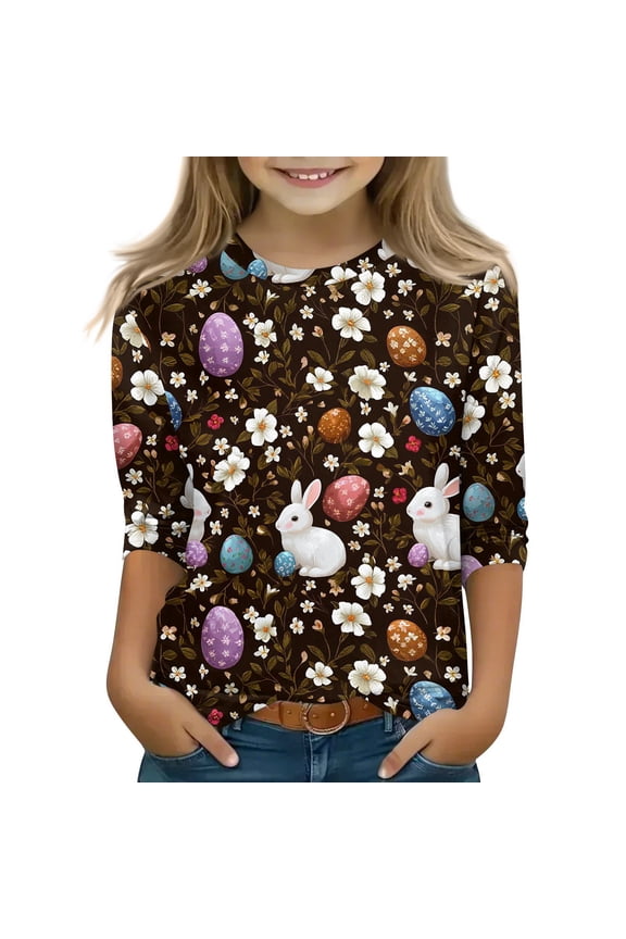 Girls Easter Shirts Size 7-8 Cute Bunny Egg Daisy T Shirts for Girls Crewneck Short Sleeve Shirts for Kids Girls Spring Funny Tee Top Girls,Coffee,11-12Years