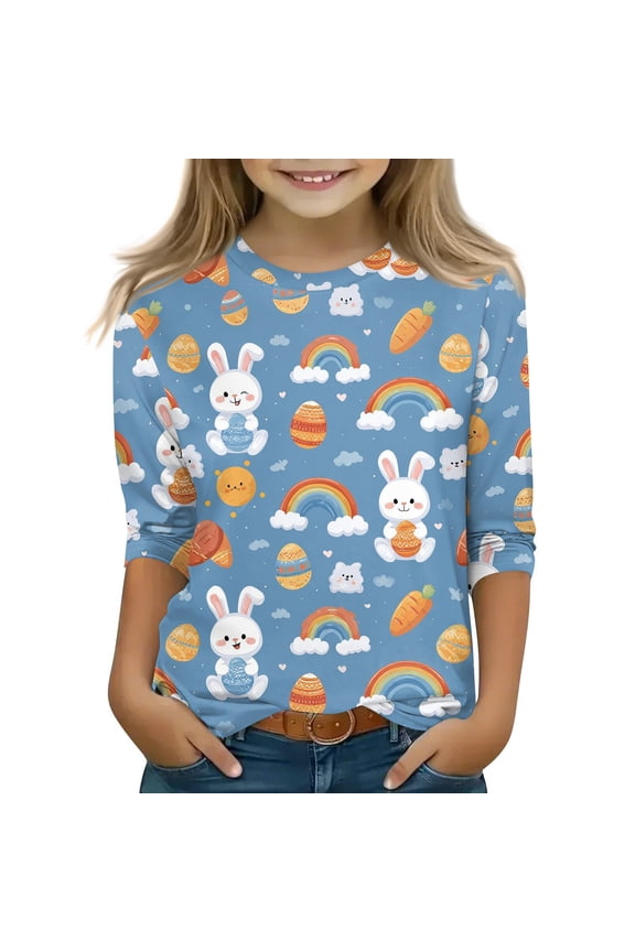 Girls Easter Shirts Size 7-8 Cute Bunny Egg Rainbow T Shirts for Girls Crewneck Short Sleeve Tee Shirts for Girls Spring Funny Top for Girls,Blue,7-8Years