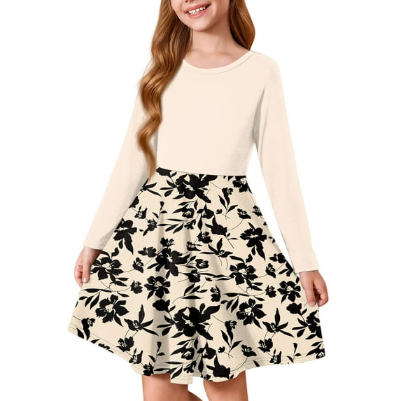 Abcomgle Girls Fall Dress Size Kids Casual A-Line Long Sleeve Girls T-Shirt Dresses Vintage Floral Print Crew Neck Girls Skater Dress Basic Swing Dresses for 4-14t Kids 9-10 Years,Khaki