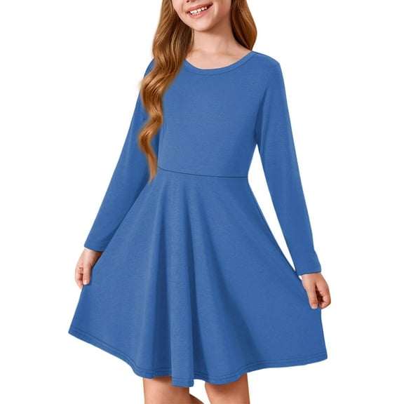 Abcomgle Girls Fall Dress Size Size 14-16 Casual A-Line Long Sleeve Tshirt Dress Solid Crew Neck Girls Skater Dress Swing Dresses for 4-14t Kids 9-10 Years,Blue