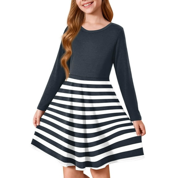 Abcomgle Girls Fall Dress Size Size 14-16 Casual A-Line Long Sleeve Tshirt Dress Striped Colorblock Crew Neck Girls Skater Dress Swing Dresses for 4-14t Kids 11-12 Years,Dark Gray