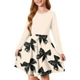 thumbnail image 1 of Abcomgle Girls Fall Dress Size Size 7-8 Casual A-Line Long Sleeve Girls T-Shirt Dresses Bownot Graphic Crew Neck Girls Skater Dress Swing Skirt for 4-14t Kids 7-8 Years,Light Brown, 1 of 5