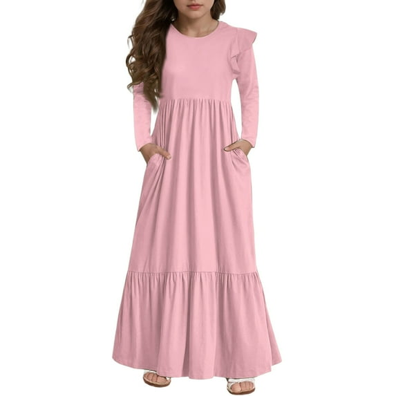 Abcomgle Girls Fall Dresses 10-12 Casual A-Line Ruffle Long Sleeve Girls Long Dresses Solid Color Sundresses Flowy Crew Neck Tiered Dresses with Pockets,Pink