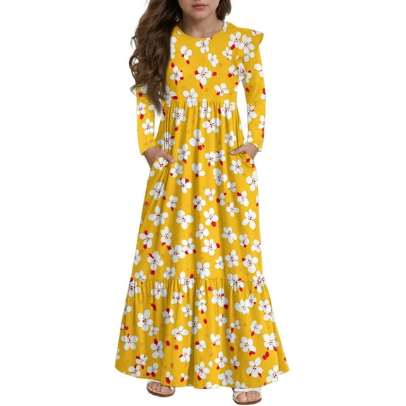 Abcomgle Girls Fall Dresses 10-12 Casual A-Line Ruffle Long Sleeve Maxi Dress Floral Print Sundresses Crew Neck Tiered Dresses with Pockets,Earthy Yellow