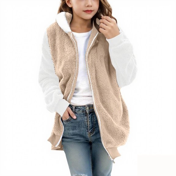 Abcomgle Girls Fleece Jacket Size 10-12 Colorblock Zip Up Sherpa Girls Coat Fleece Hooded Teddy Hoodie for Girls Winter Warm Fuzzy Pullover for Girls with Pockets