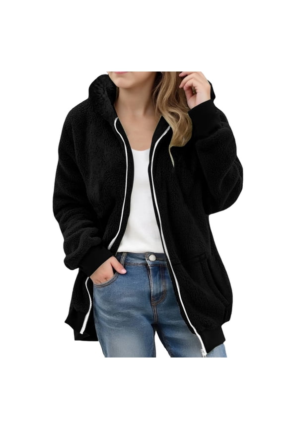 Girls Fleece Jacket Size 10-12 Full Zip Up Sherpa Girls Coat Fleece Hooded Teddy Hoodie for Girls Winter Warm Fuzzy Pullover for Girls with Pockets,7-8Y,Black