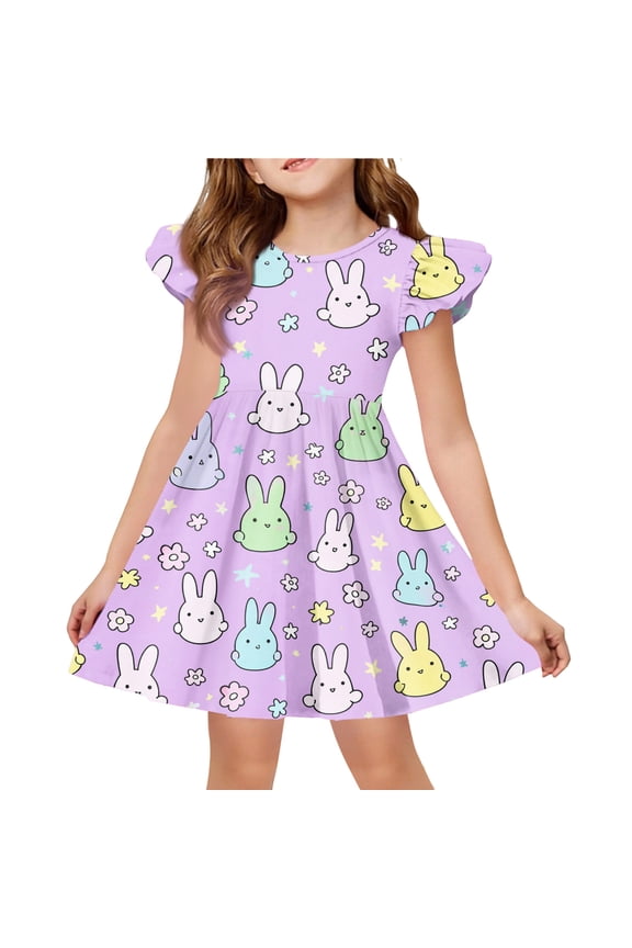 Girls Flutter Sleeve Dresses 10-12 Bunny Floral Print Easter Midi Dress for Girls Cute A-Line Flutter Sleeve Dress Outfits Funny Crewneck Twirly Dress Clothes for Girls,Purple,3-4Years