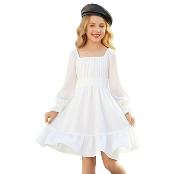 Abcomgle Girls Formal Dress Ruffle Smocked Puff Sleeve Dress Cute Square Neck Sundresses Flare Tiered Dresses.7-8 Years